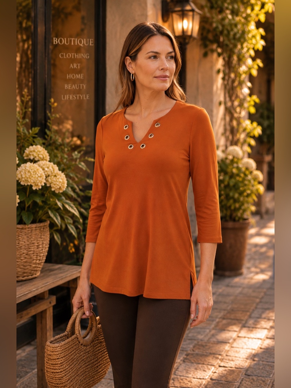 Joseph Ribkoff Rustic Orange Eyelet V-Neck Long Sleeve Top